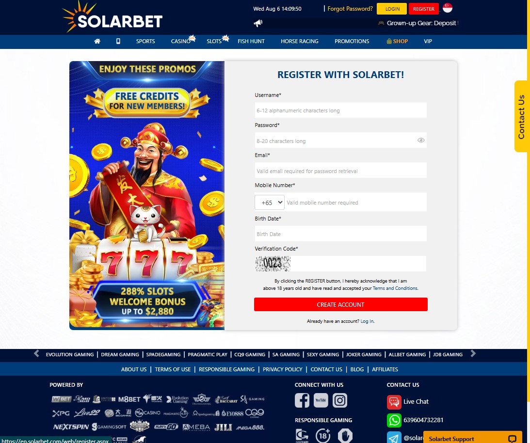 Solarbet register page
